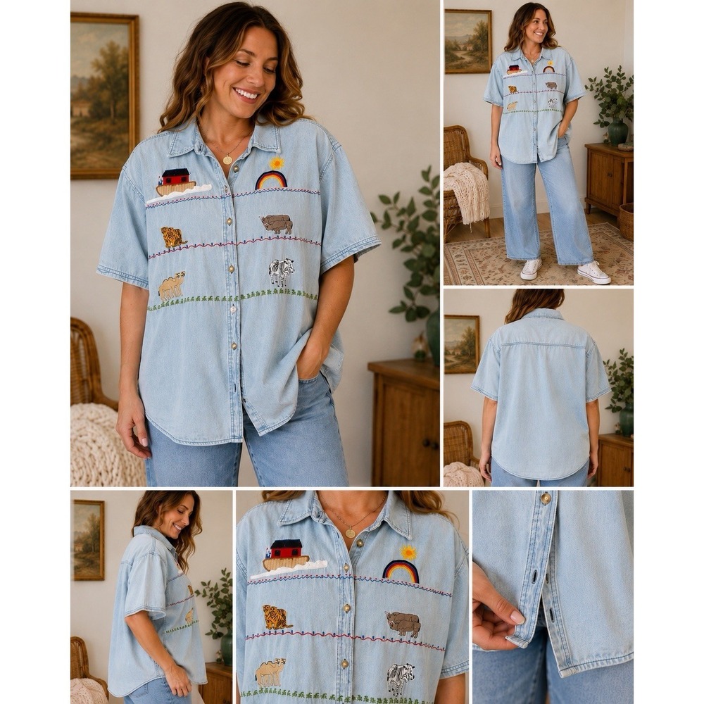 Vintage Cherokee Noah's Ark Embroidered Denim Button Up Shirt Womens 22 Safari